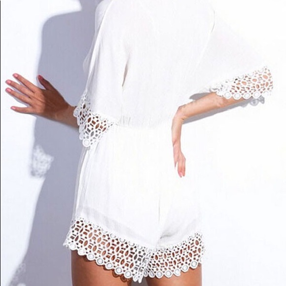 White V Neck Lace Trim Boho Jumpsuit Romper - Picture 3 of 4